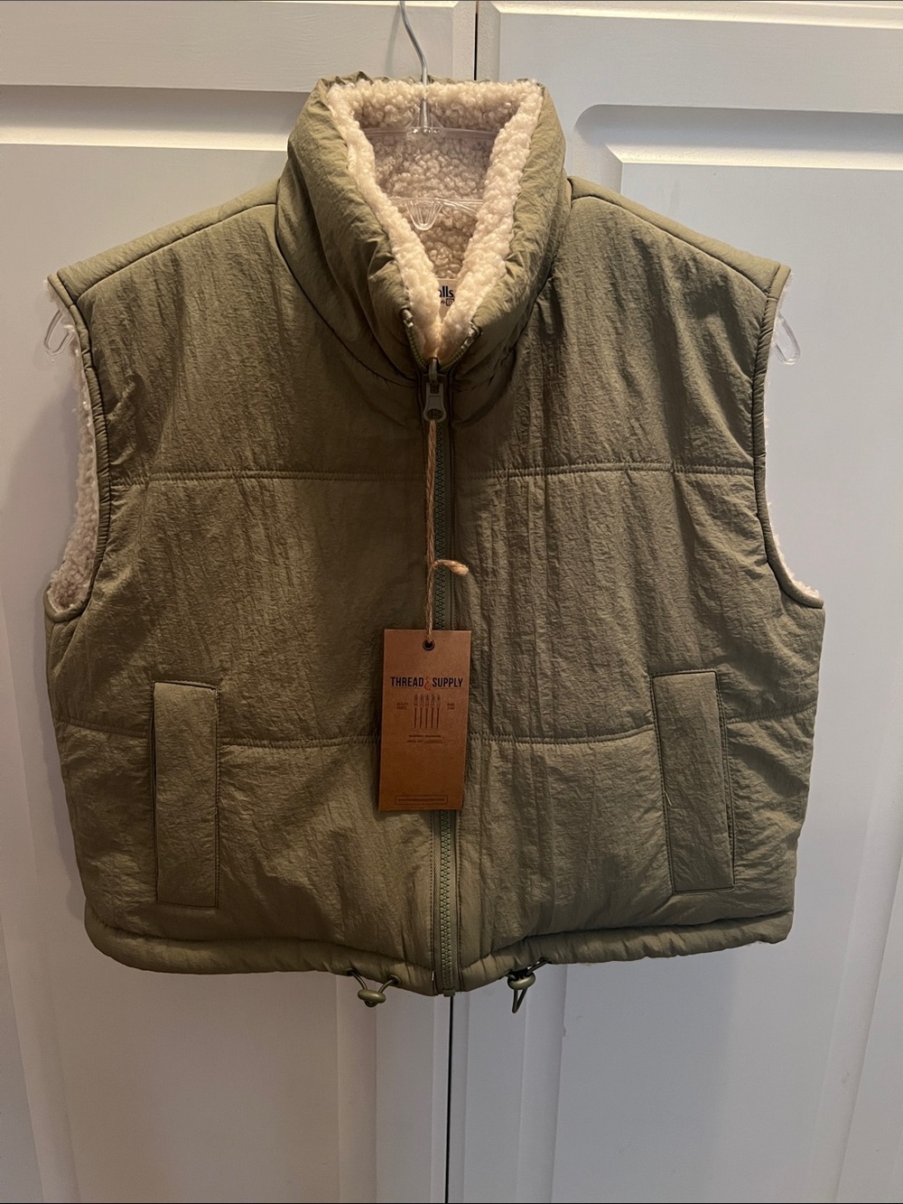 Thread & Supply Olive Quilted Sherpa-Lined Vest Reversible S